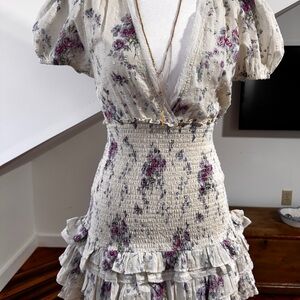 LoveShackFancy Cream Mini Dress with Pink Floral Print